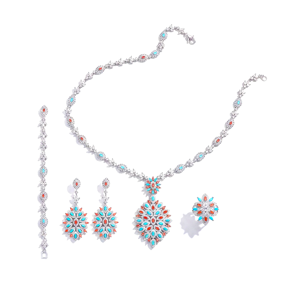 Jewelry set with necklace, bracelet, and earrings on a white background
