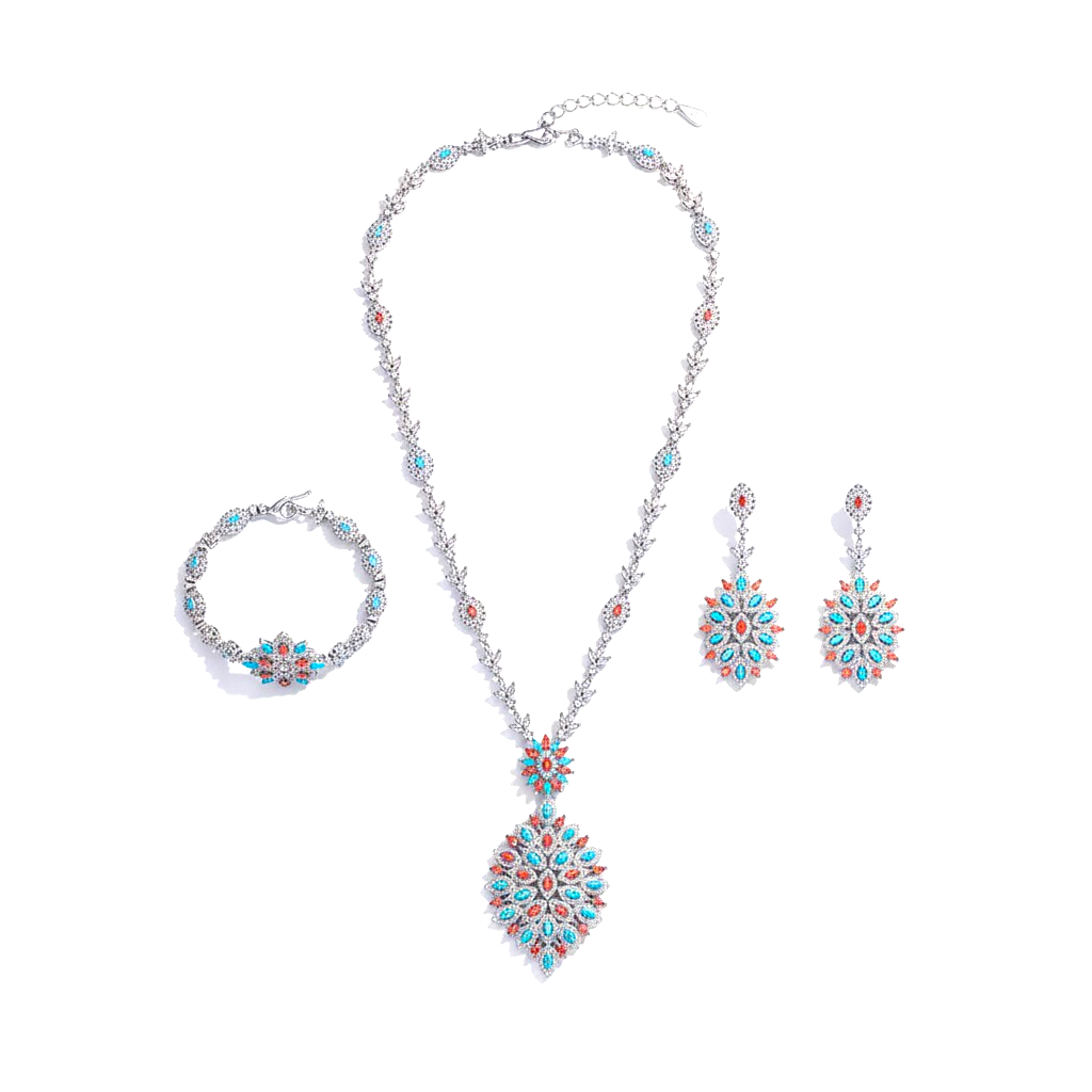 Jewelry set with necklace, earrings, and bracelet on a white background