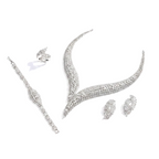Silver jewelry set including necklace, earrings, and ring on a white background