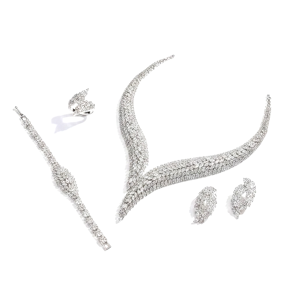 Silver jewelry set including necklace, earrings, and ring on a white background