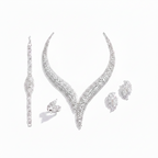 Silver jewelry set with necklace, earrings, and bracelet on a white background