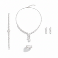 Silver jewelry set with necklace, bracelet, ring, and earrings on a white background