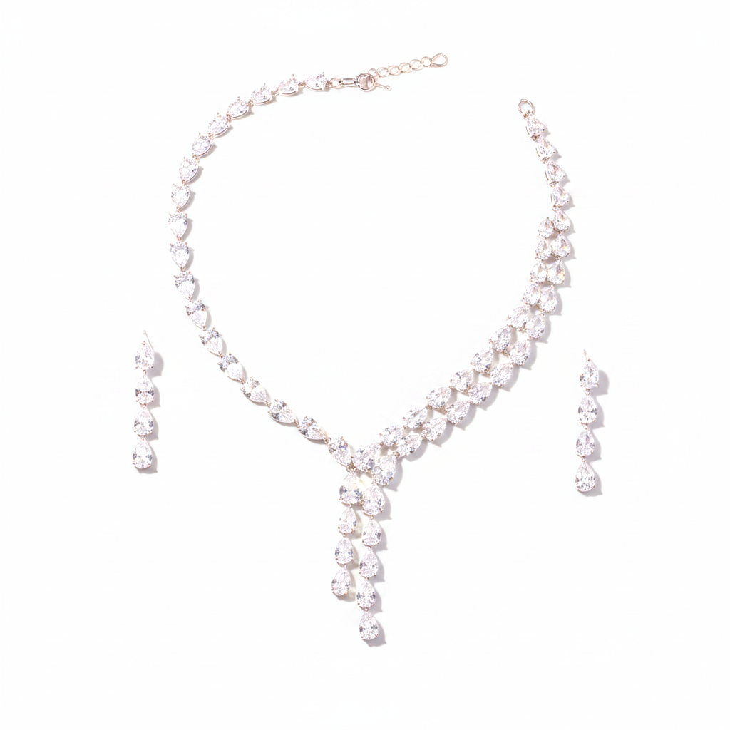 Zircon tear drop necklace and earrings set on a white background