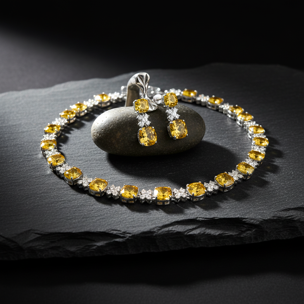 Jewelry set with yellow gemstones on a dark surface