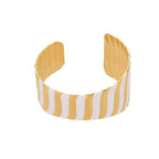 Yellow and white striped cuff bracelet on a white background
