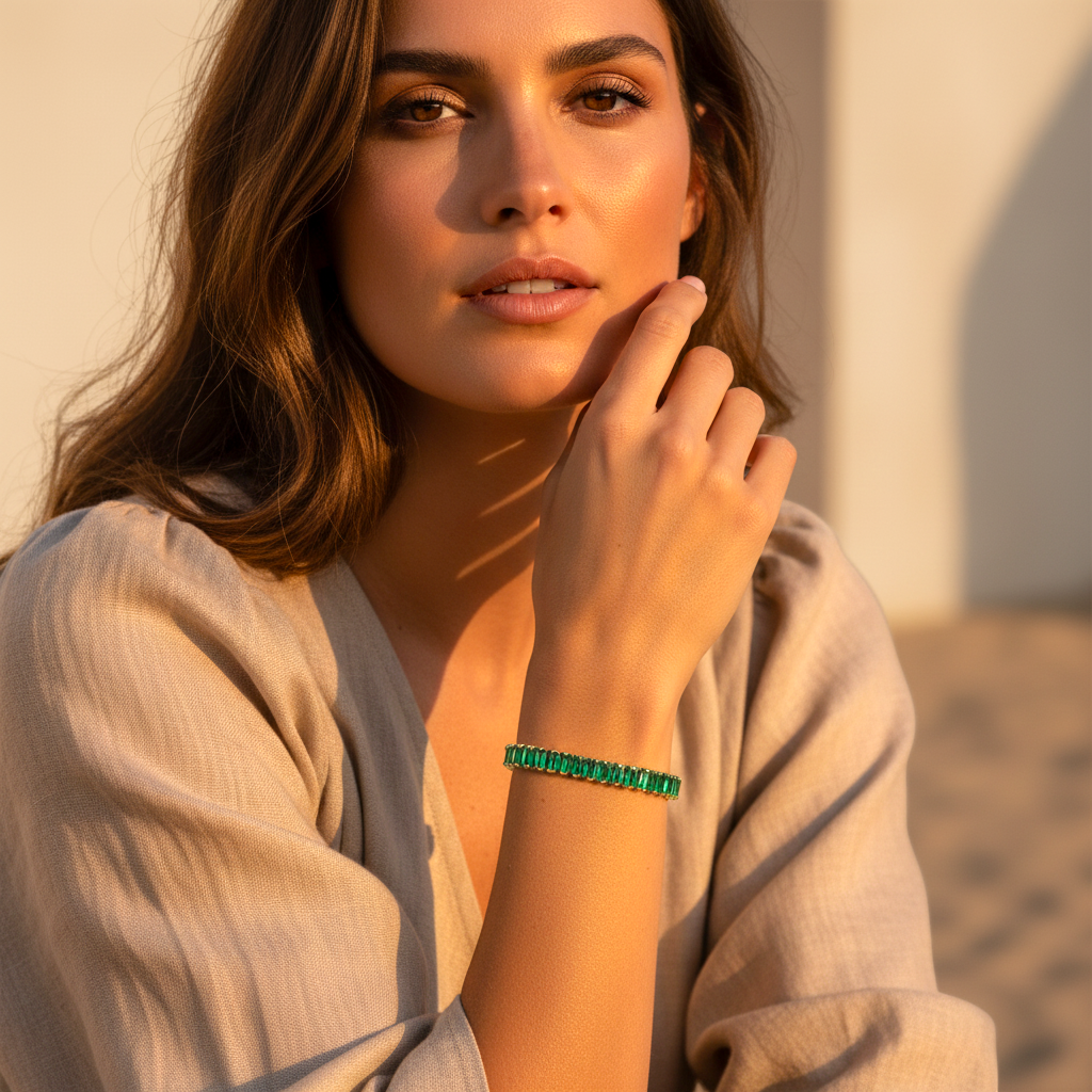Woman wearing a green bracelet on a blurred background