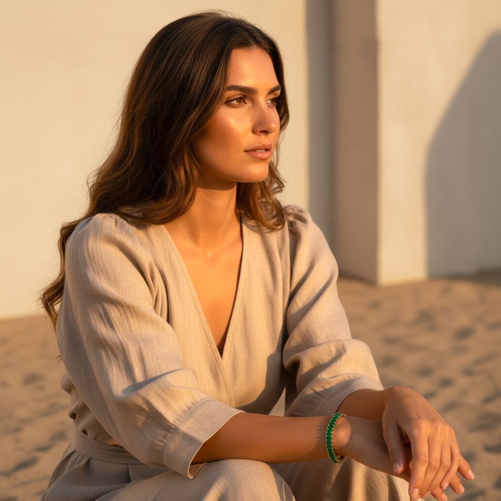 Woman in a light robe sitting in a desert setting with warm lighting