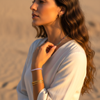 Woman in a white garment with jewelry against a blurred natural background