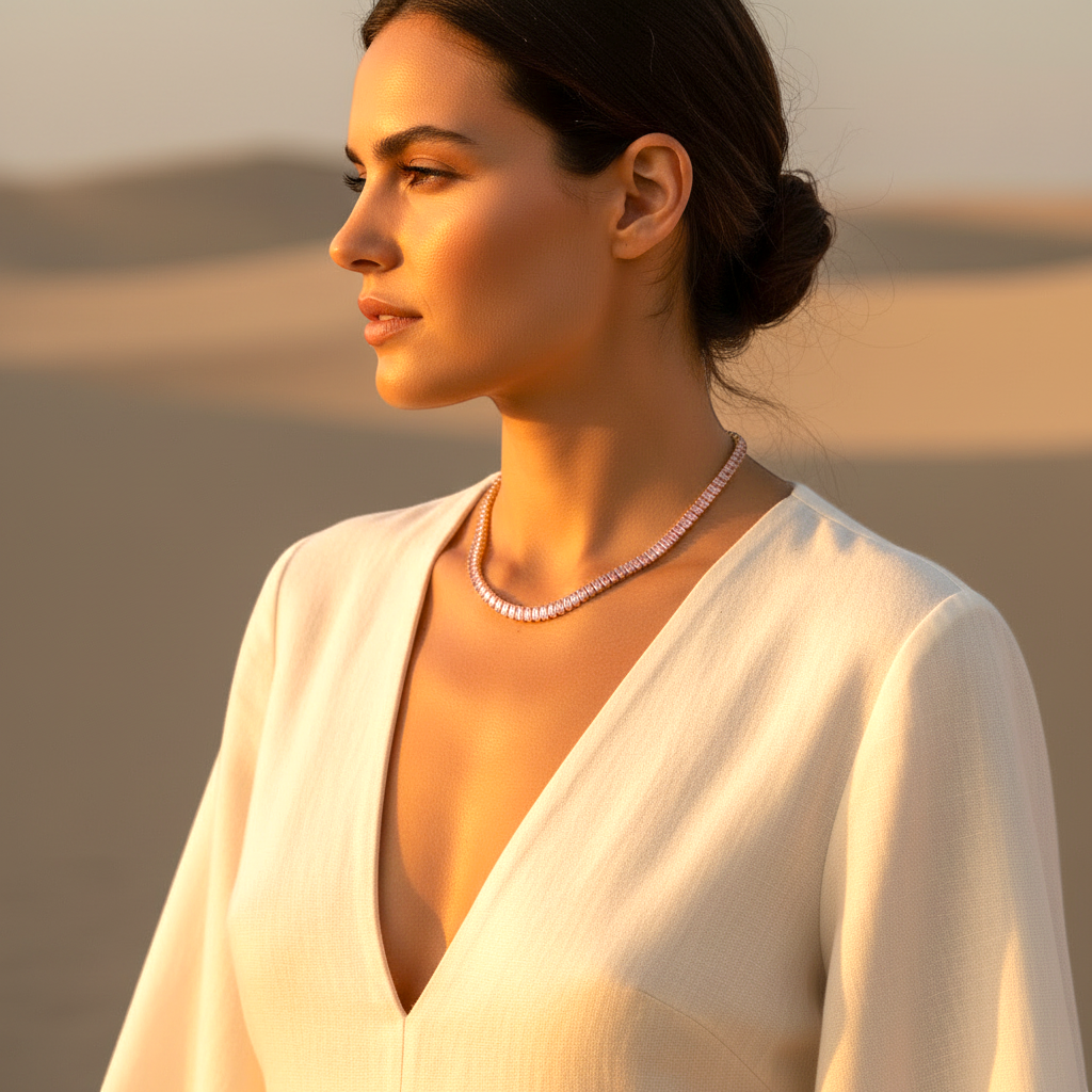 Woman wearing a white garment and pearl necklace against a desert backdrop