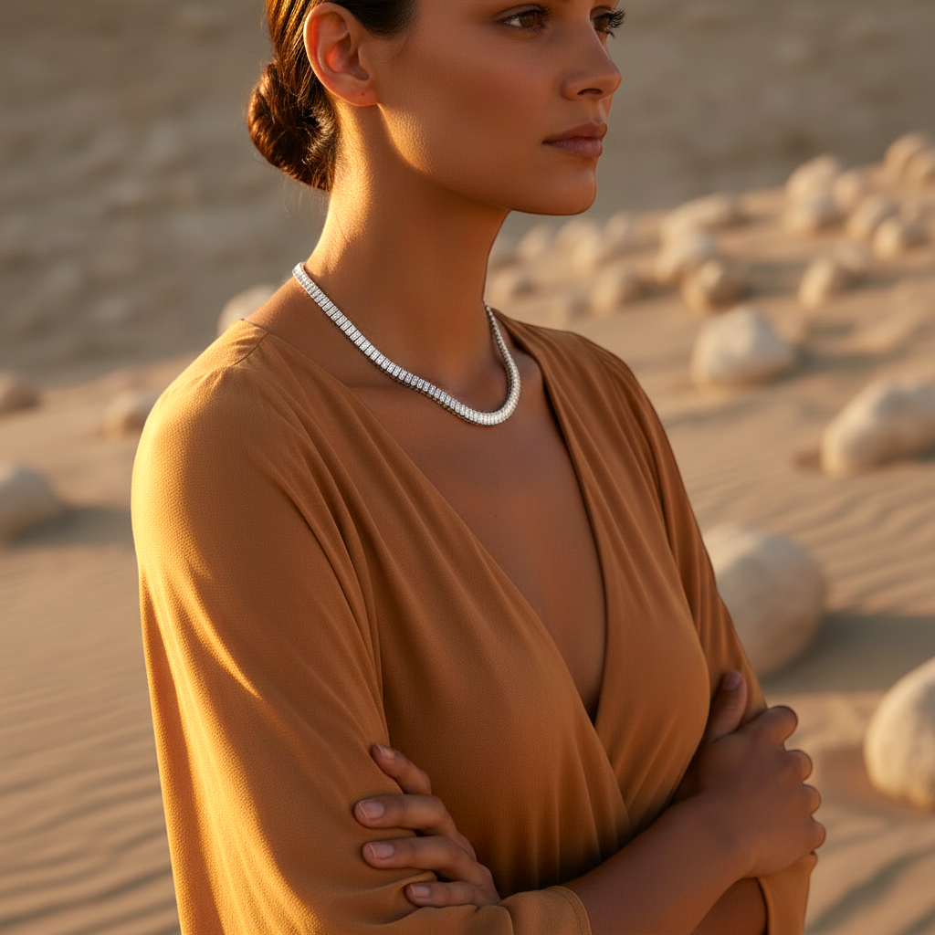 Woman in a mustard-colored dress standing in a desert landscape with rocks.