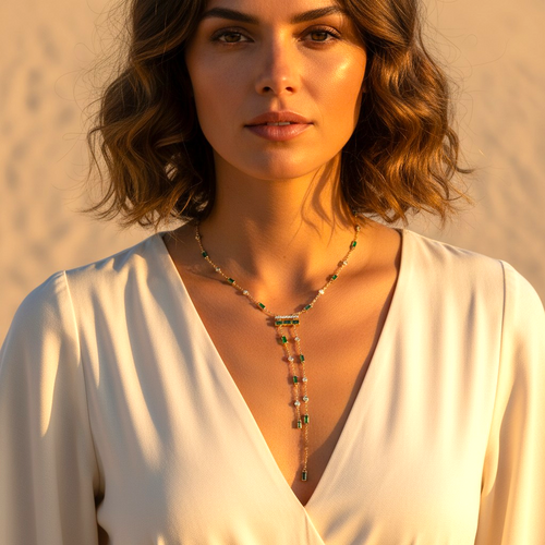 Woman wearing a necklace with a neutral background