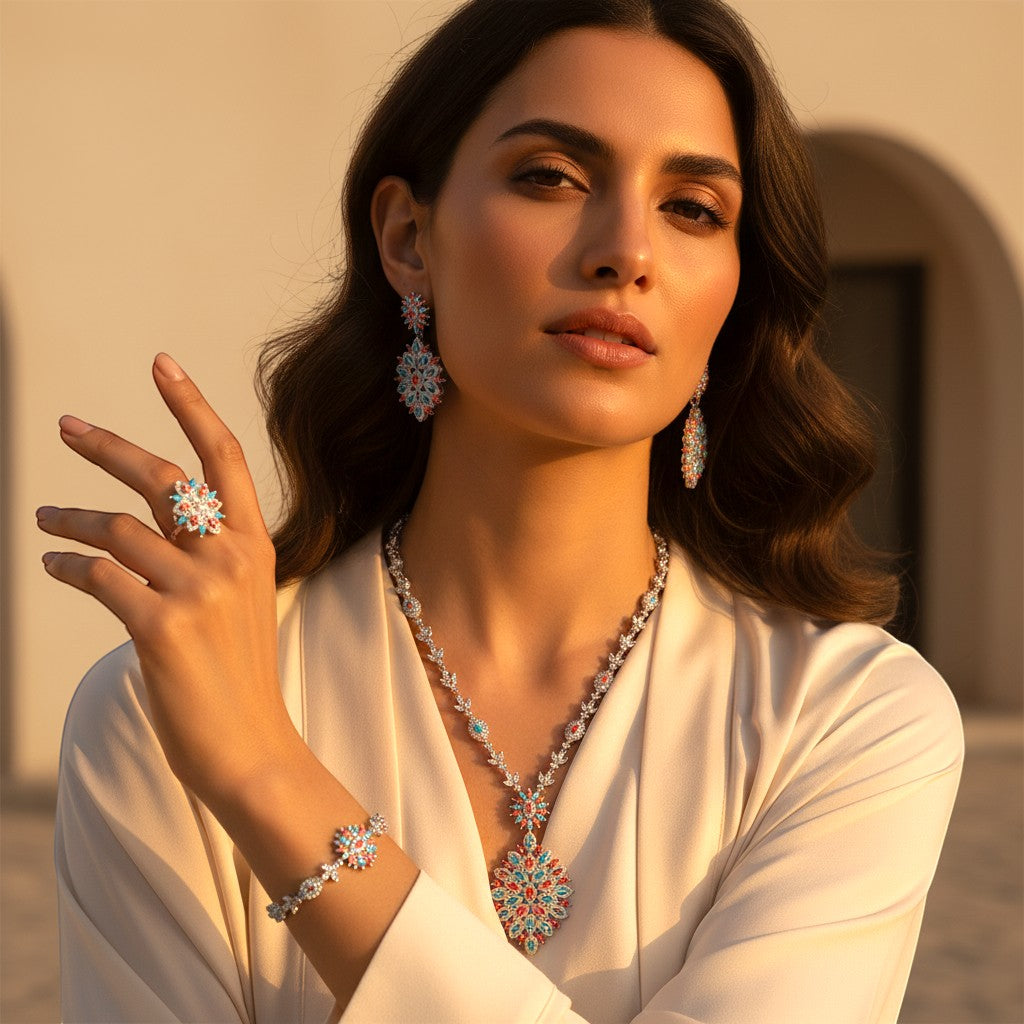 The Accessory Bar Alya bridal quartet featuring a necklace, earrings, bracelet, and ring with clear cubic zirconia.