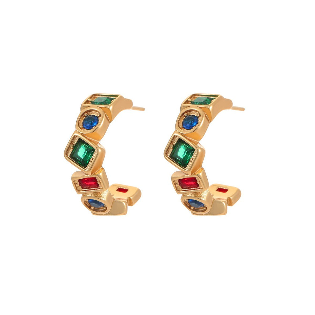 The Accessory Bar The Bana C-hoop earrings in 18K gold-plated stainless steel with multi-coloured cubic zirconia stones.