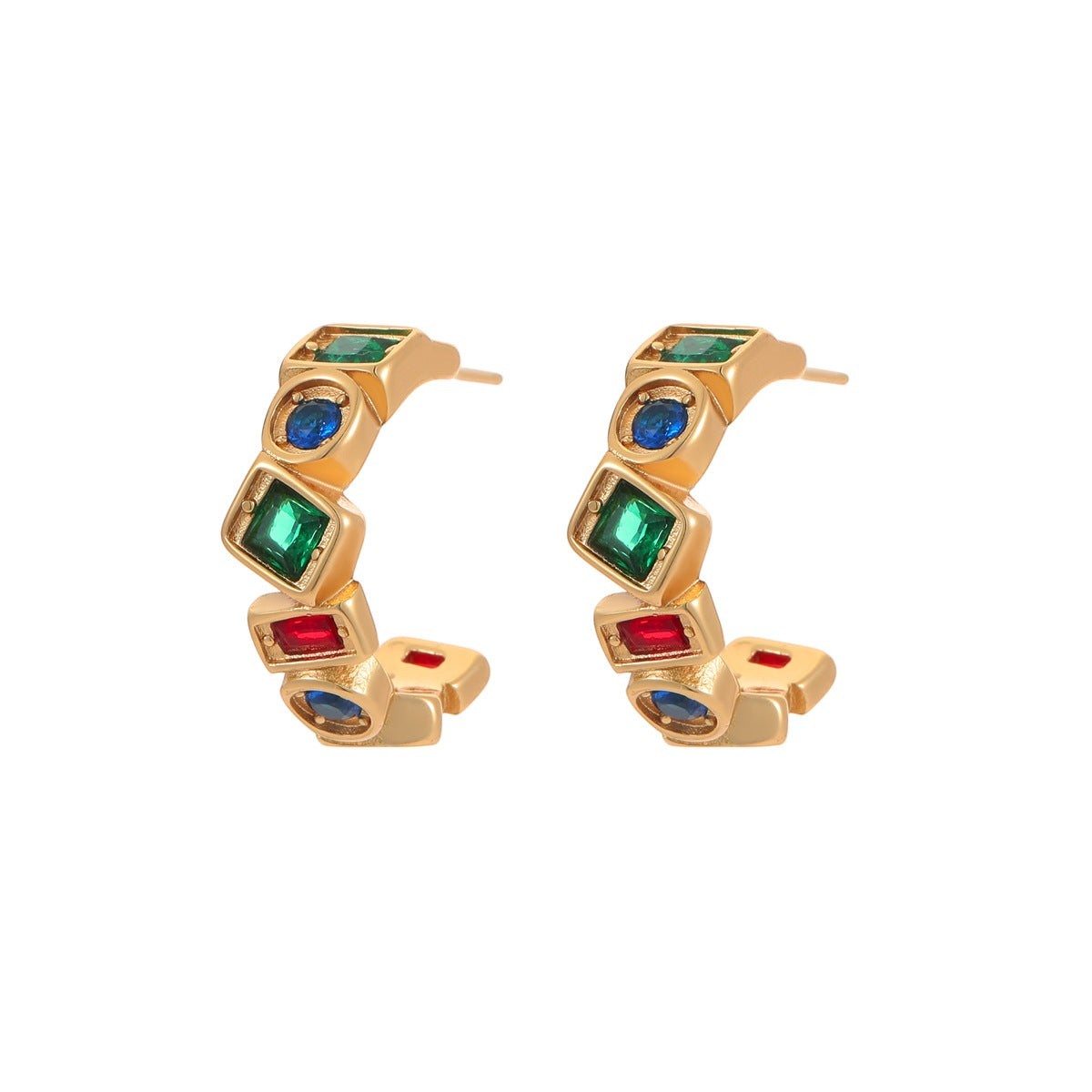 The Accessory Bar The Bana C-hoop earrings in 18K gold-plated stainless steel with multi-coloured cubic zirconia stones.