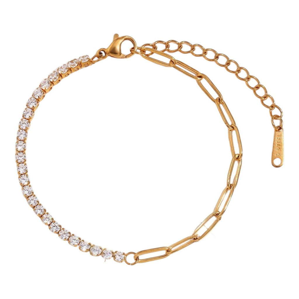 The Accessory Bar Cannes bracelet in 18K gold-plated stainless steel with half-paperclip and pavé tennis chain design.