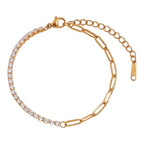 The Accessory Bar Cannes bracelet in 18K gold-plated stainless steel with half-paperclip and pavé tennis chain design.