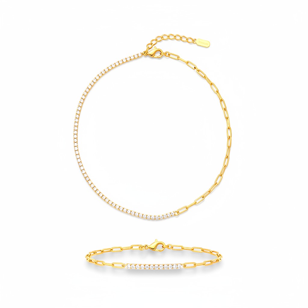 The Accessory Bar Cannes 2-piece set featuring a gold-plated paperclip and pavé cubic zirconia necklace and bracelet.