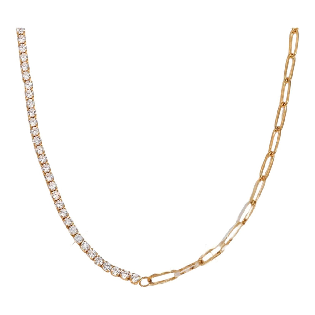 The Accessory Bar Cannes gold-plated necklace featuring a half-pavé cubic zirconia tennis and half-paperclip chain.