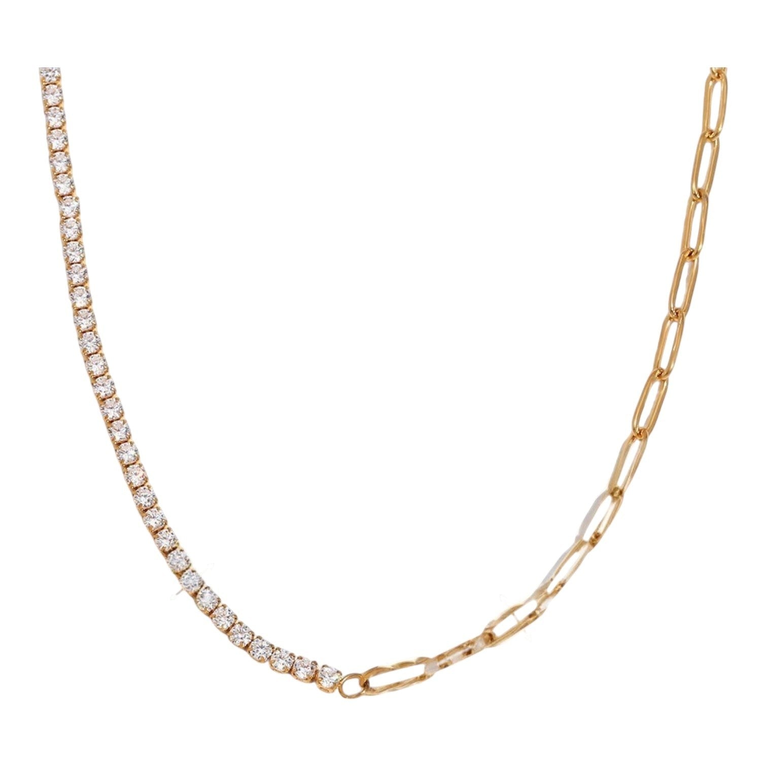 The Accessory Bar Cannes gold-plated necklace featuring a half-pavé cubic zirconia tennis and half-paperclip chain.
