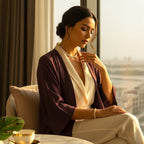 A woman wearing The Accessory Bar gold-plated tennis necklace and bracelet set with clear cubic zirconia stones.