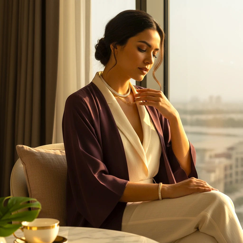 A woman wearing The Accessory Bar gold-plated tennis necklace and bracelet set with clear cubic zirconia stones.