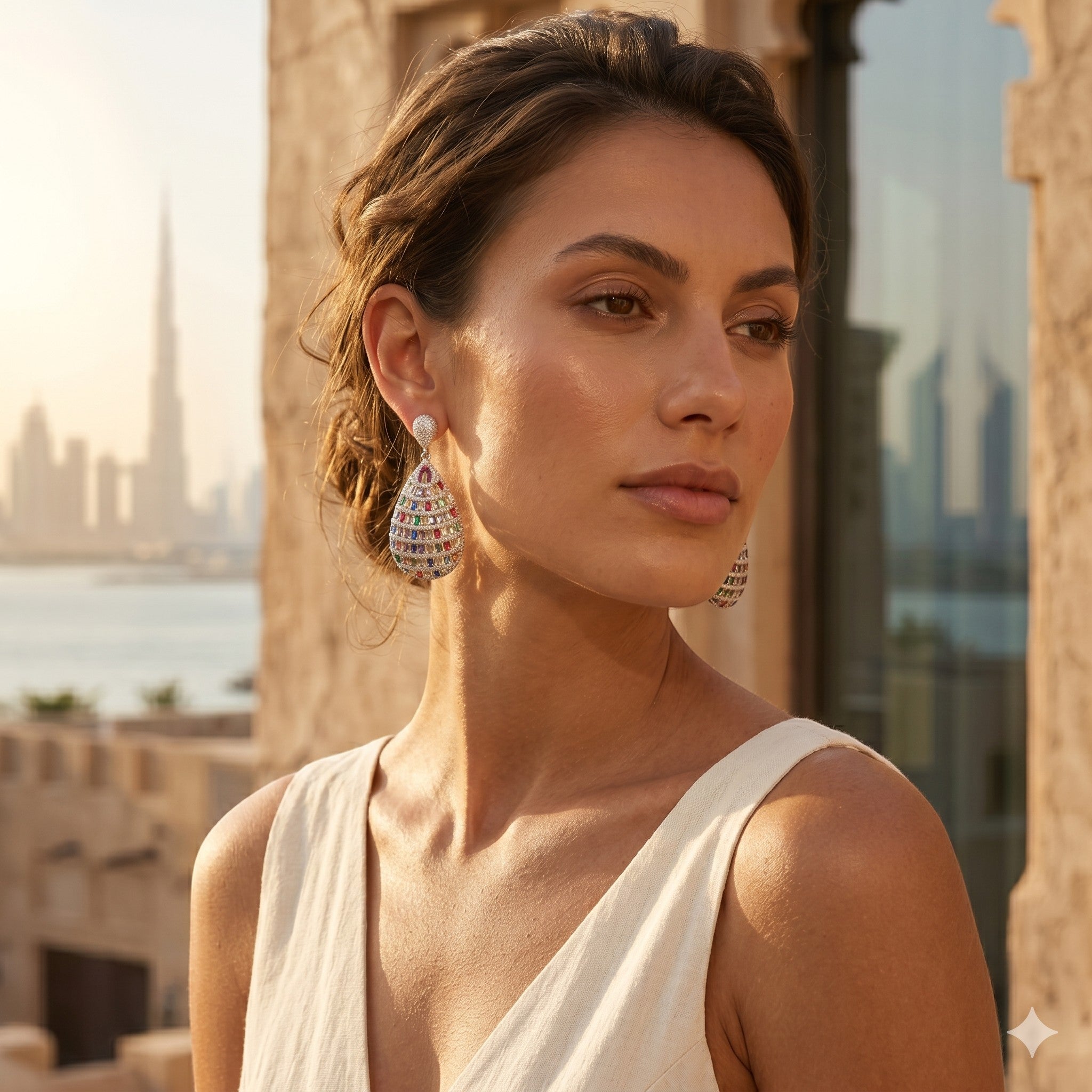The Accessory Bar Lara oversized multicolour cubic zirconia drop earrings worn by a woman with a Dubai skyline view.