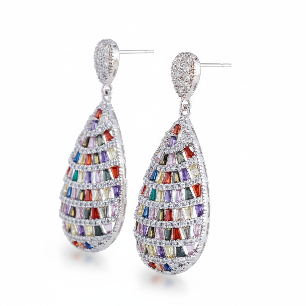 The Accessory Bar Lara oversized teardrop earrings with multicolour cubic zirconia stones in silver-plated settings.