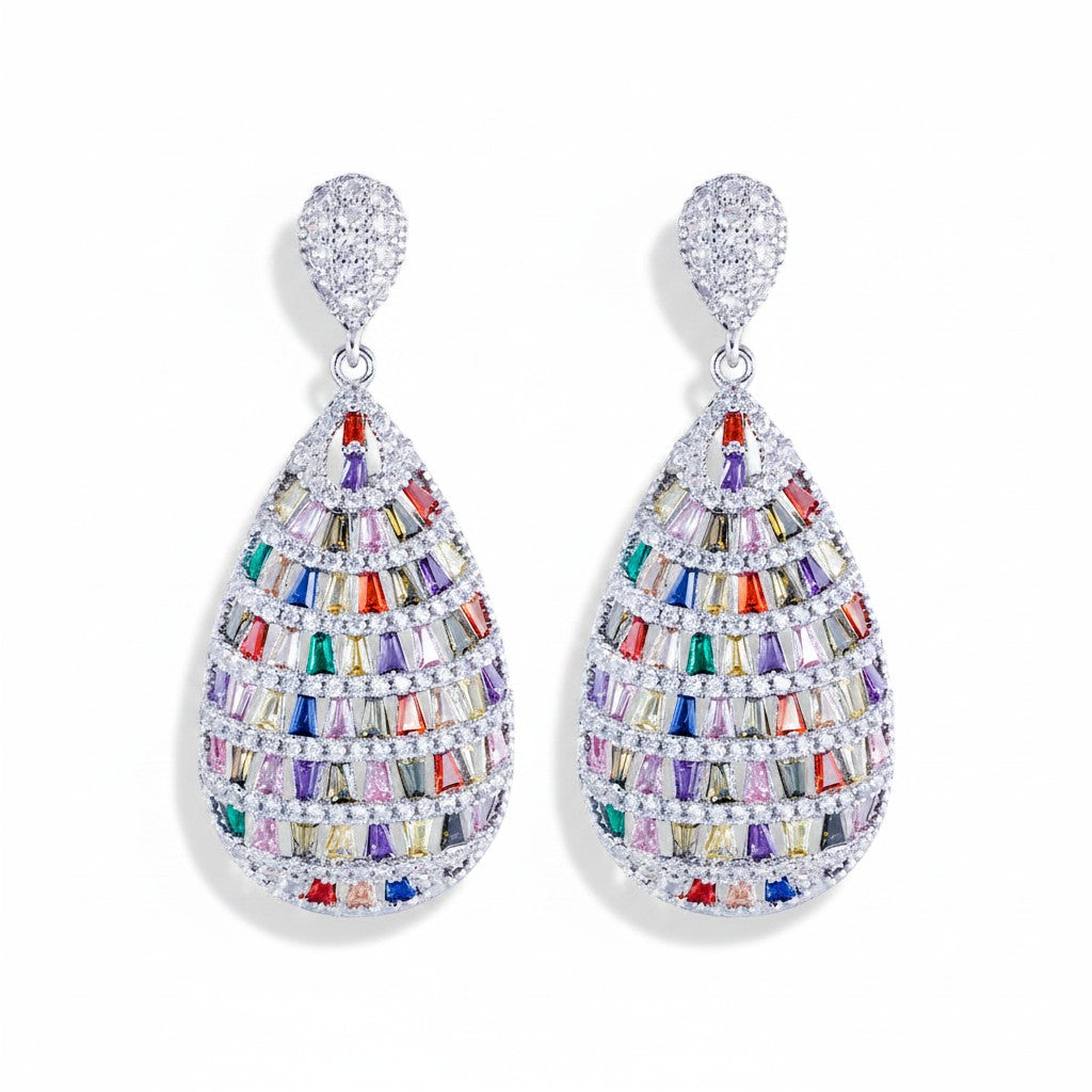 The Accessory Bar Lara oversized teardrop earrings featuring multicolour cubic zirconia stones in silver-plated copper.