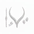 The Accessory Bar Layla bridal jewelry set featuring a rhodium-plated necklace, earrings, ring, and tennis bracelet.
