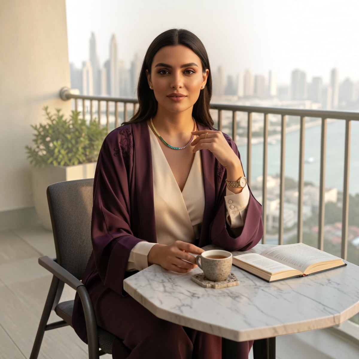 A woman wearing The Accessory Bar Luna rainbow tennis chain necklace with a purple abaya on a balcony in Dubai.