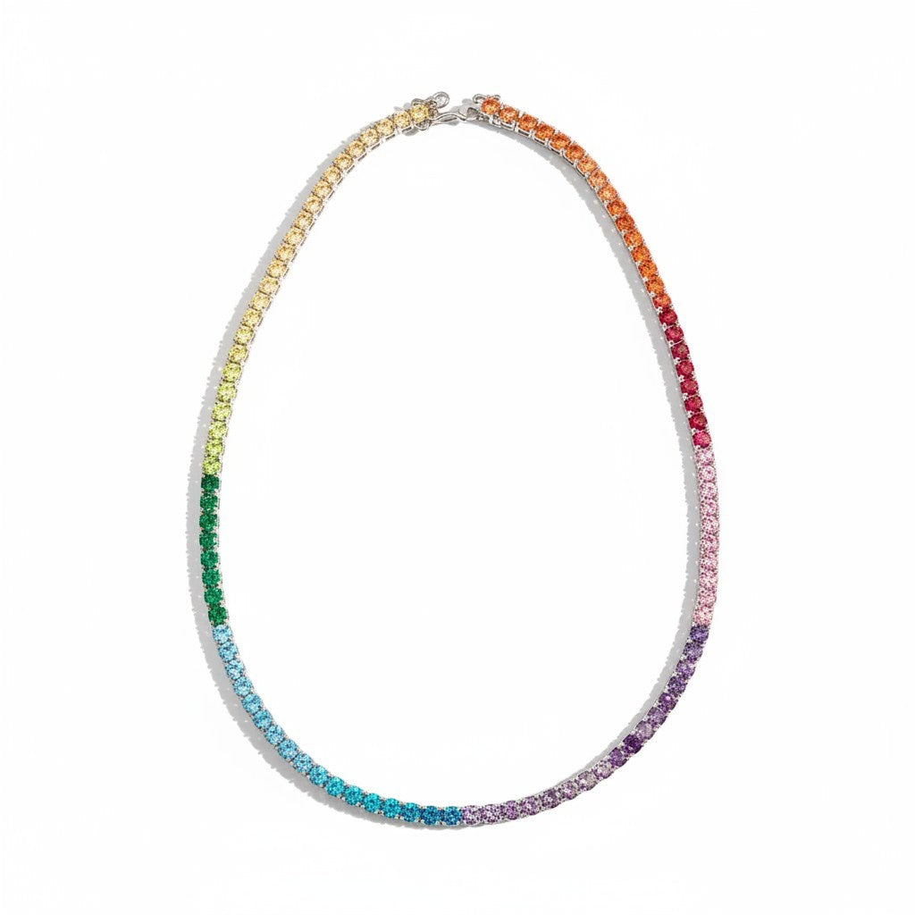 The Accessory Bar The Luna 40cm stainless steel tennis necklace featuring precision-set rainbow multicolour cubic zirconia