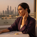 Model wearing The Accessory Bar Lyra ribbed 18K gold-plated earrings against a Dubai skyline at sunset.