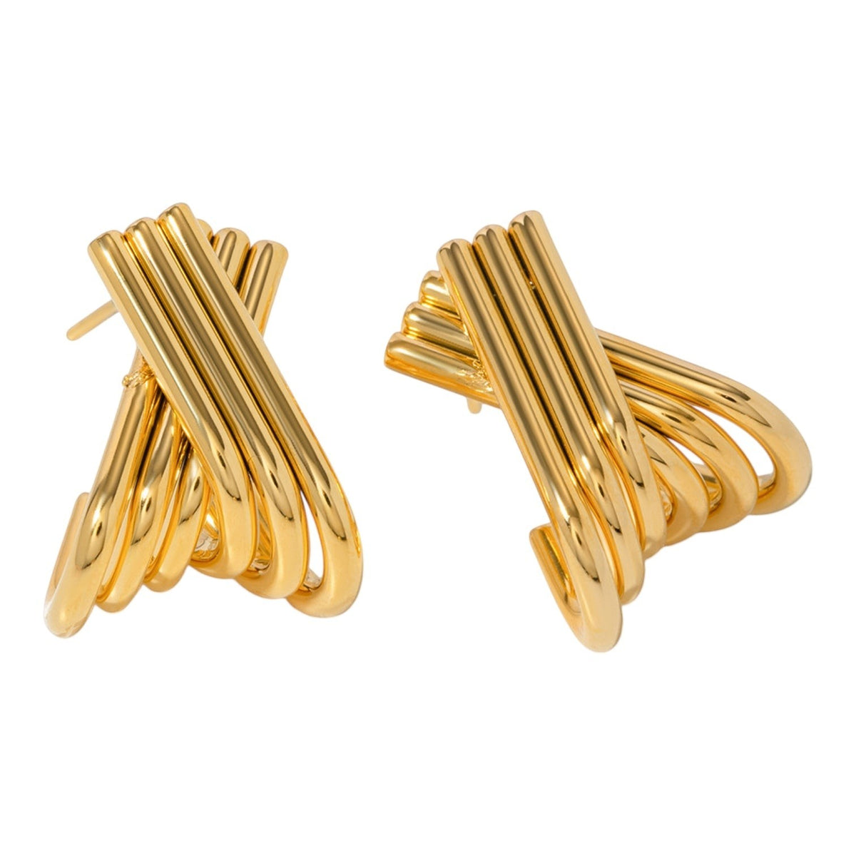 The Accessory Bar Lyra earrings featuring interlocking ribbed arcs in polished 18K gold-plated stainless steel.