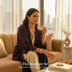 The Accessory Bar Nada 4-piece silver-tone jewelry set with cubic zirconia worn by a woman in a purple abaya.