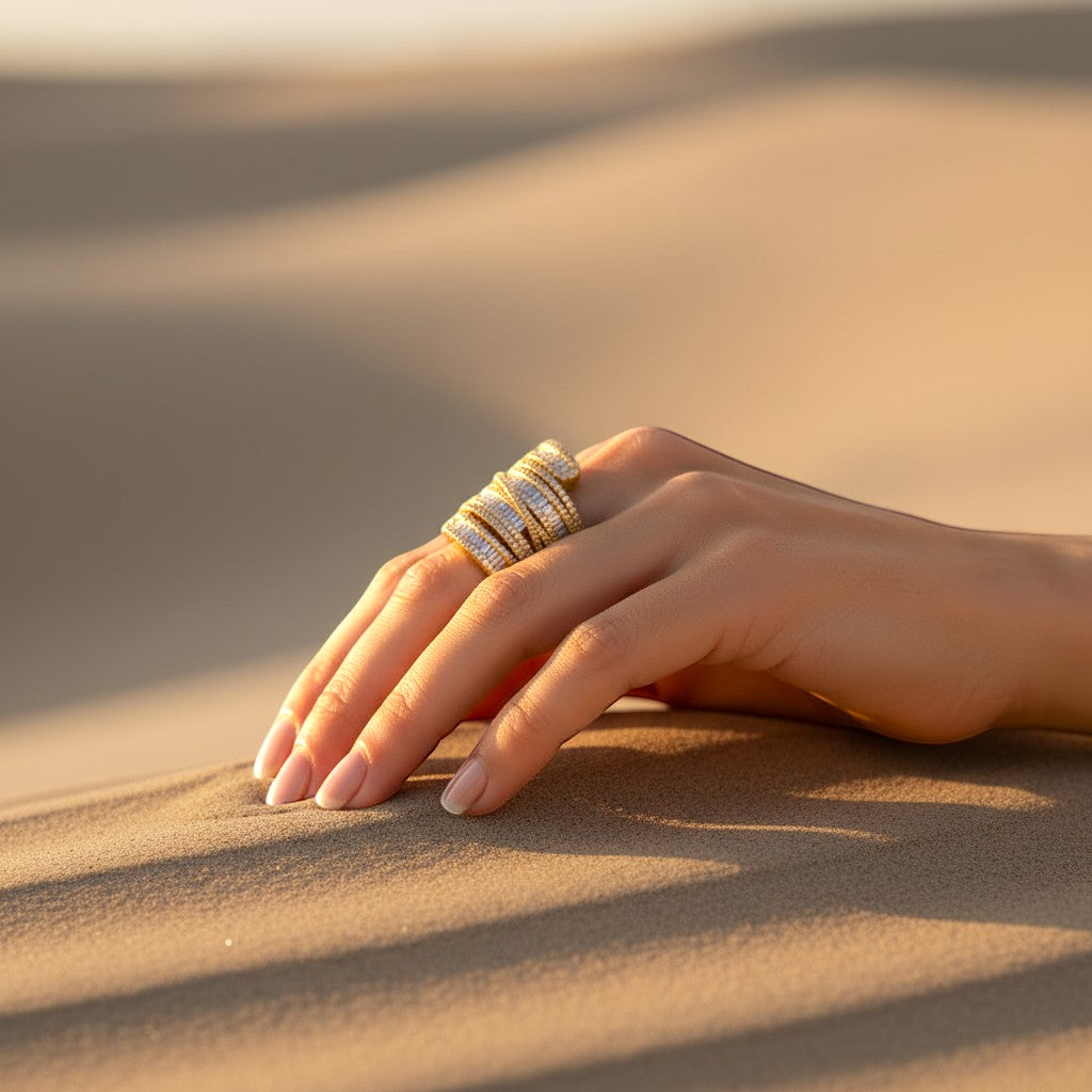 The Accessory Bar Nour wide gold-plated ring with micro pavé cubic zirconia on a hand resting in desert sand.