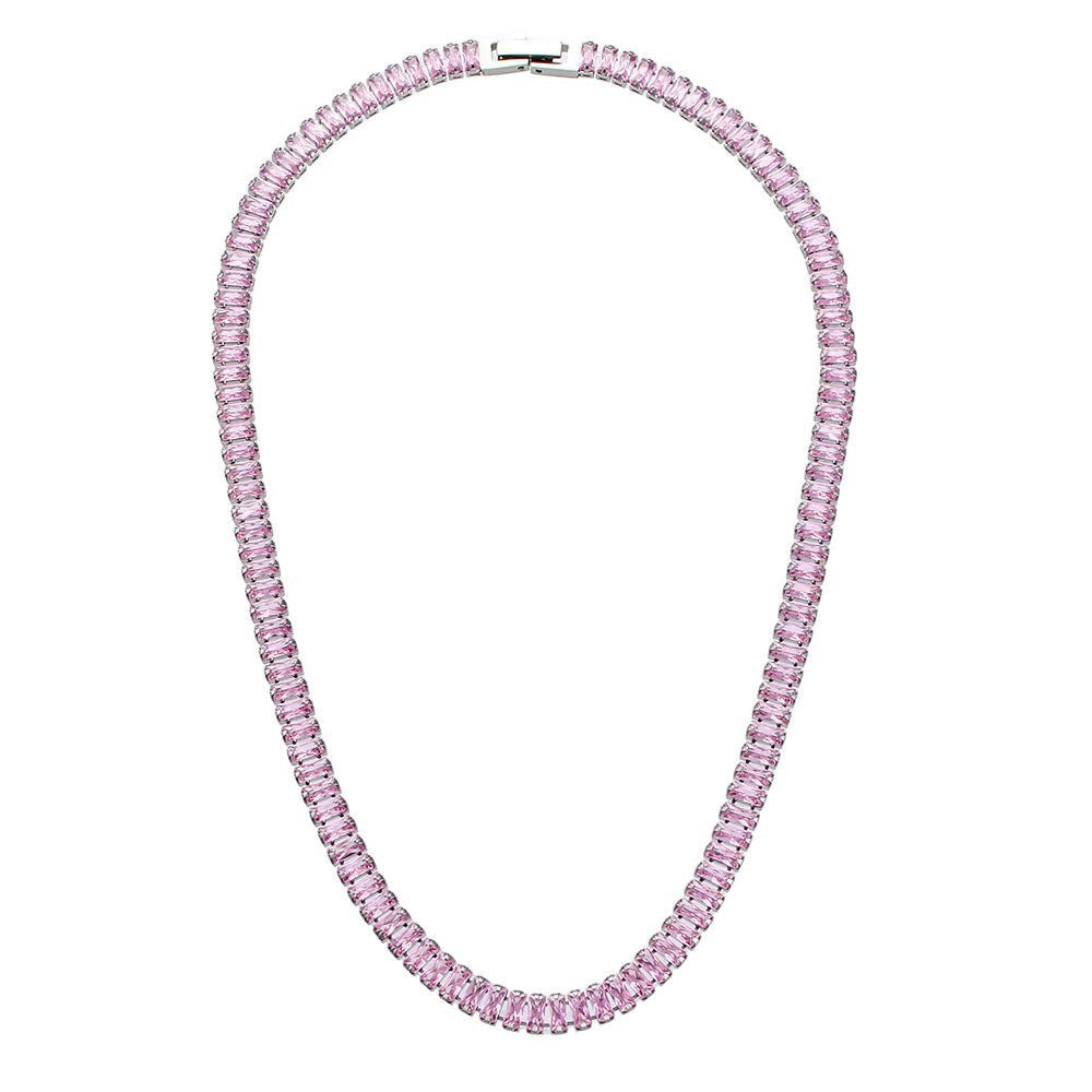 The Accessory Bar pink tennis necklace in rhodium-plated stainless steel with baguette-cut cubic zirconia stones.