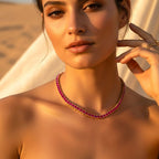 The Accessory Bar Ruba tennis chain featuring 3mm red cubic zirconia stones set in 18K gold-plated stainless steel.