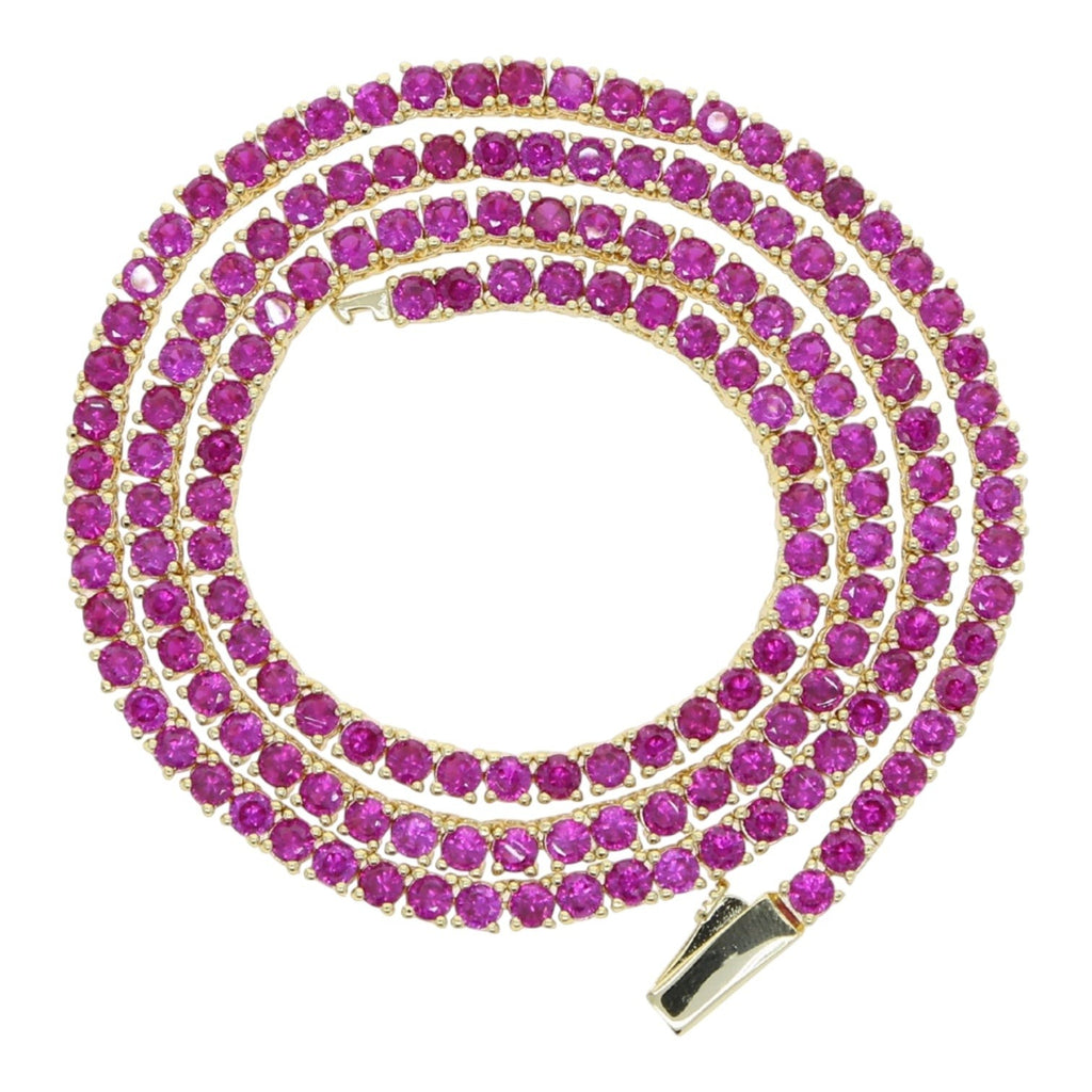 The Accessory Bar Ruba red cubic zirconia tennis chain in 18K gold-plated stainless steel with a box clasp.