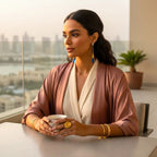Model wearing The Accessory Bar gold-plated pendant earrings with cubic zirconia on a balcony overlooking a city.