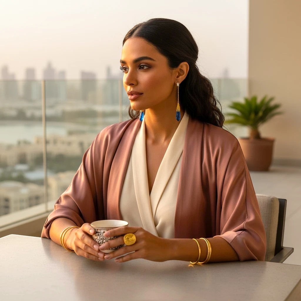 Model wearing The Accessory Bar gold-plated pendant earrings with cubic zirconia on a balcony overlooking a city.