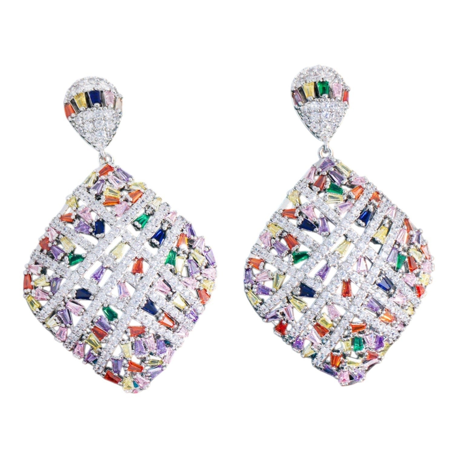 The Accessory Bar Saba rhodium-plated copper drop earrings featuring a geometric rhombic design with multicolour cubic zirconia stones.
