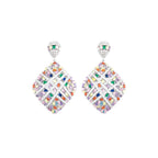 The Accessory Bar Saba statement earrings featuring multicolour cubic zirconia in a geometric rhombic rhodium setting.