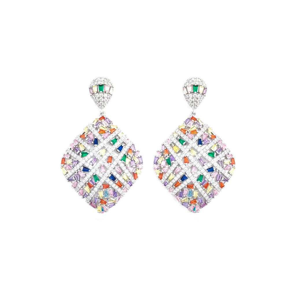 The Accessory Bar Saba statement earrings featuring multicolour cubic zirconia in a geometric rhombic rhodium setting.