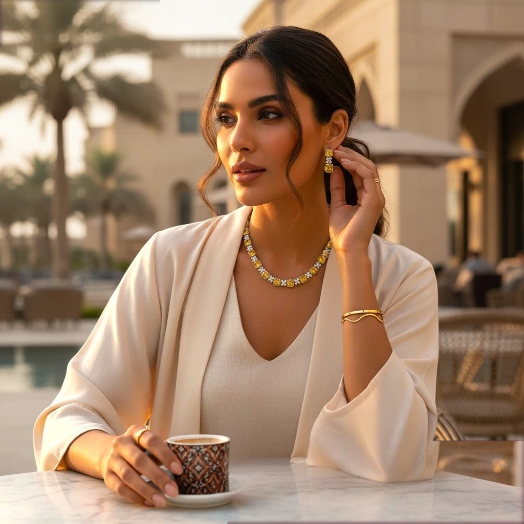 The Accessory Bar Sahara Set featuring a citrine yellow cushion CZ necklace and drop earrings on a woman in Dubai.