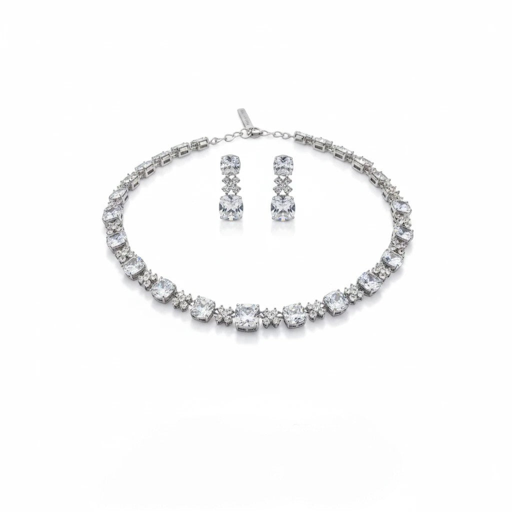 The Accessory Bar Sahara Set featuring a crystal choker necklace and matching drop earrings with pavé cubic zirconia.