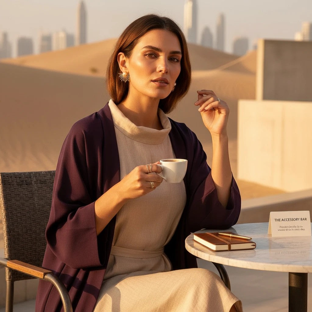 Woman wearing The Accessory Bar starburst stud earrings with imitation pearl in a desert setting with Dubai skyline.