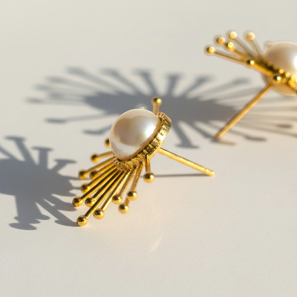 The Accessory Bar The Shams gold-plated starburst stud earrings with imitation pearls on a white surface.