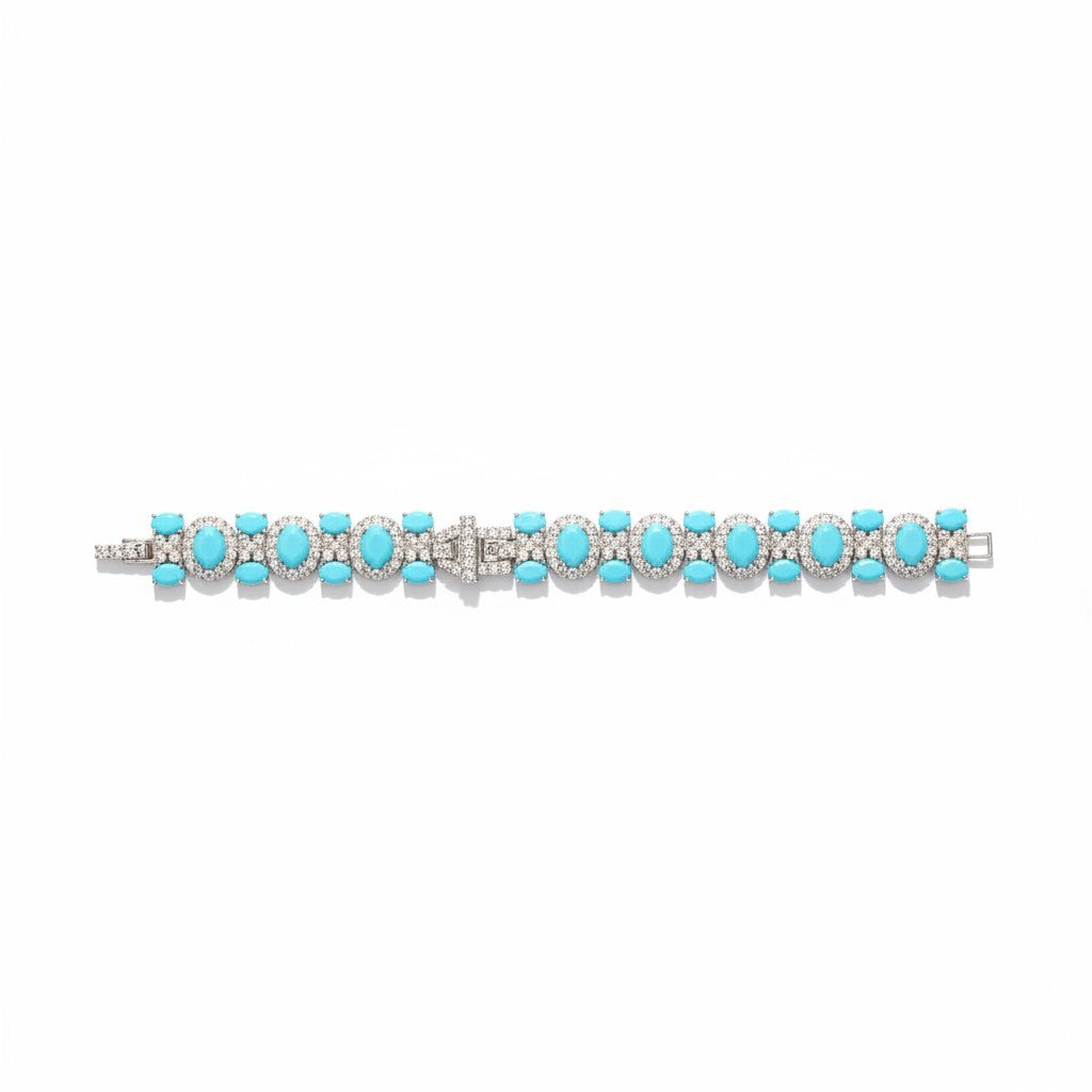 The Accessory Bar The Turk bracelet featuring oval turquoise stones surrounded by sparkling pavé crystals in silver