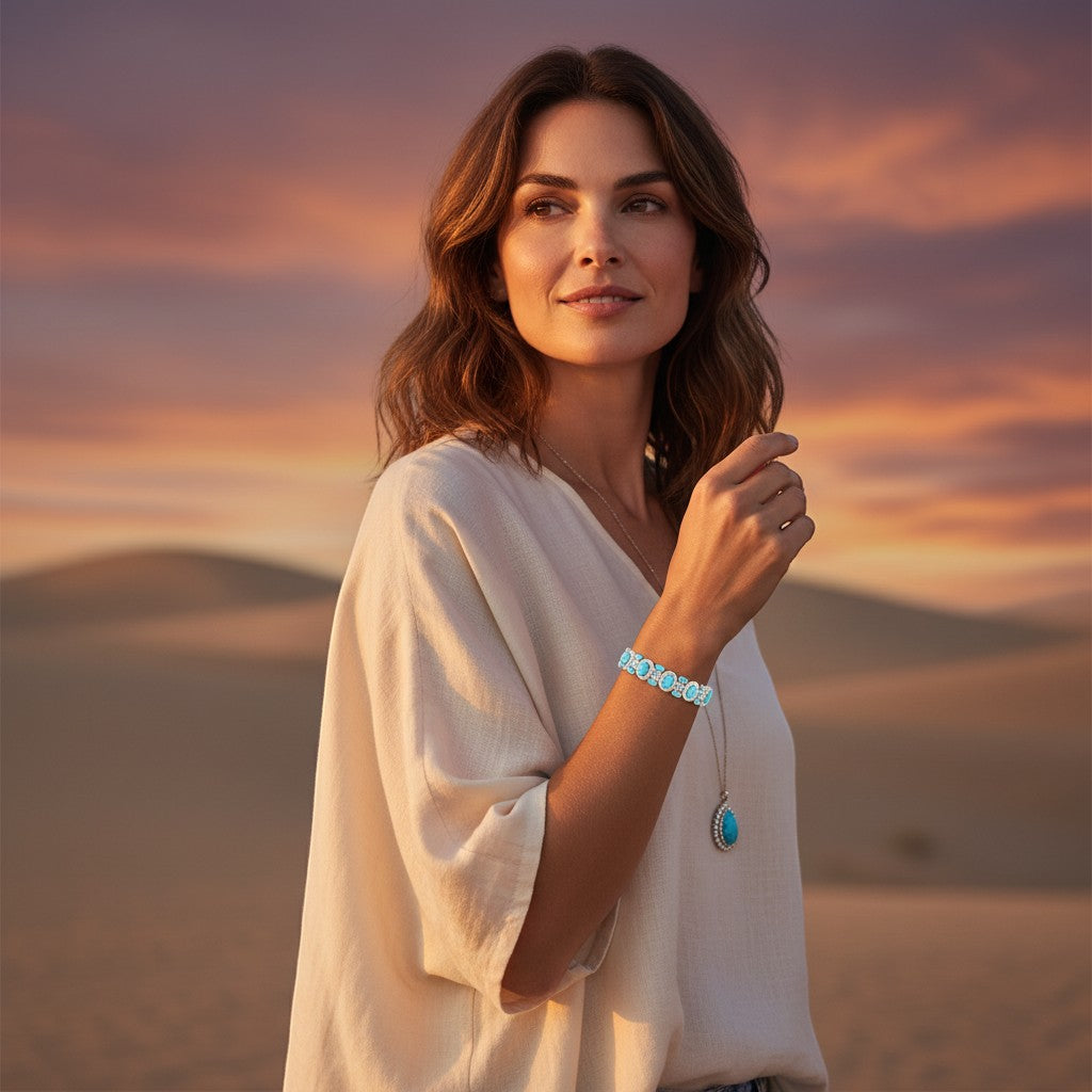 The Accessory Bar turquoise stone bracelet and matching pendant necklace worn by a woman at sunset in the desert.