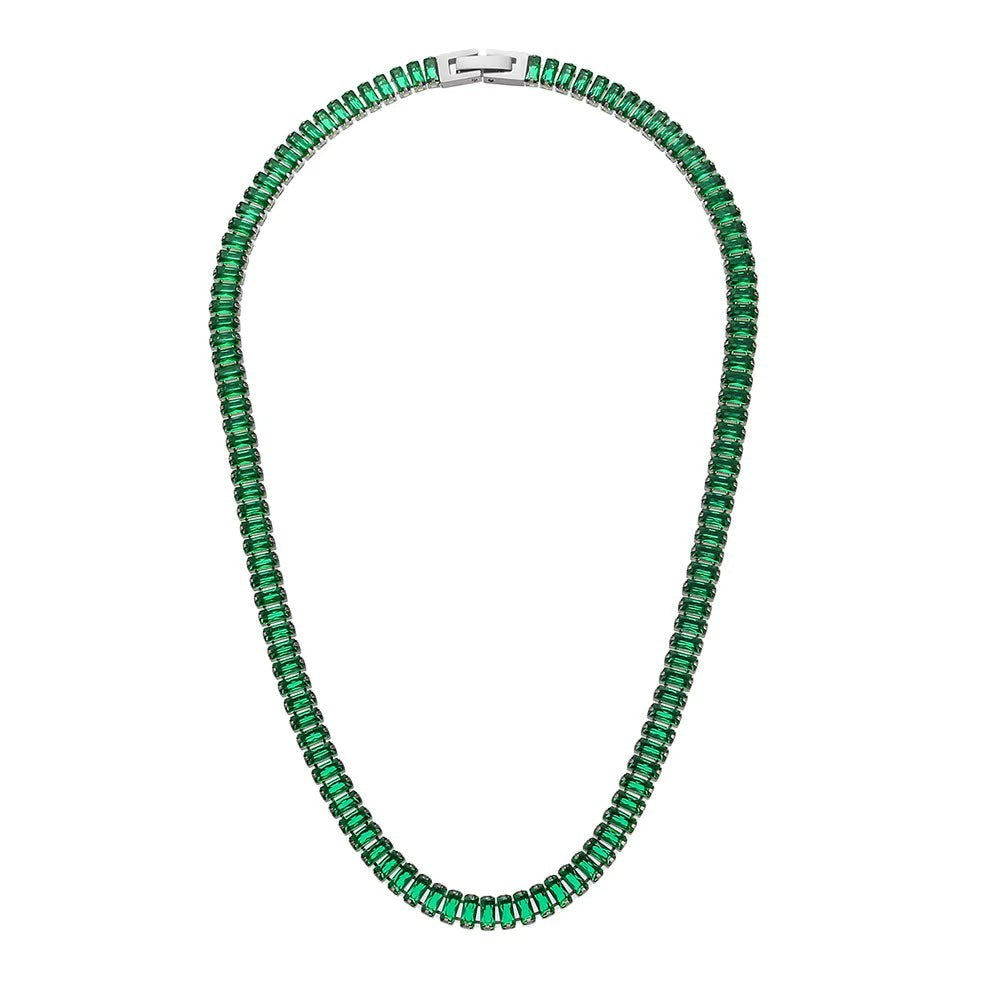 The Accessory Bar Verde tennis necklace in silver-tone rhodium-plated steel with emerald green baguette-cut crystals.